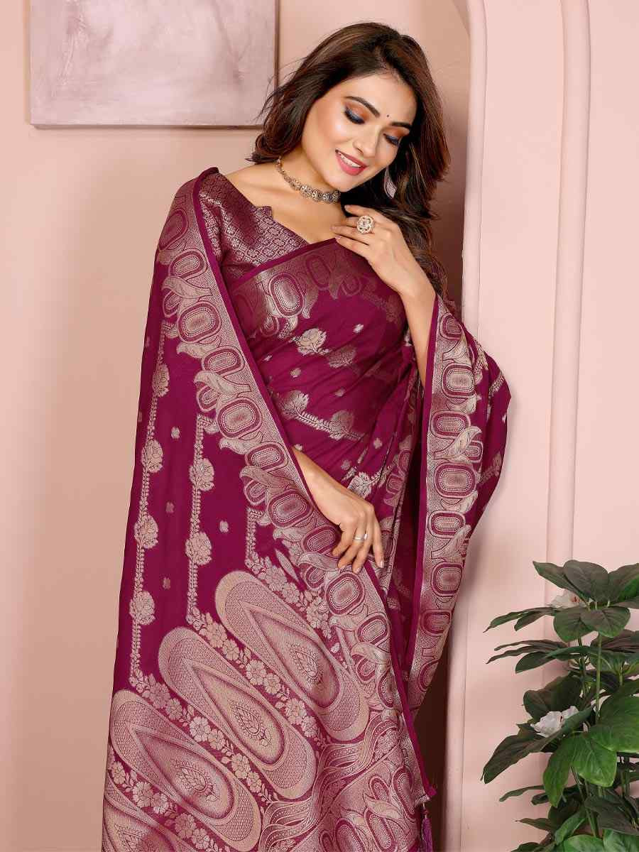 Wine Georgette Silk Handwoven Festival Wedding Fancy Heavy Border Saree