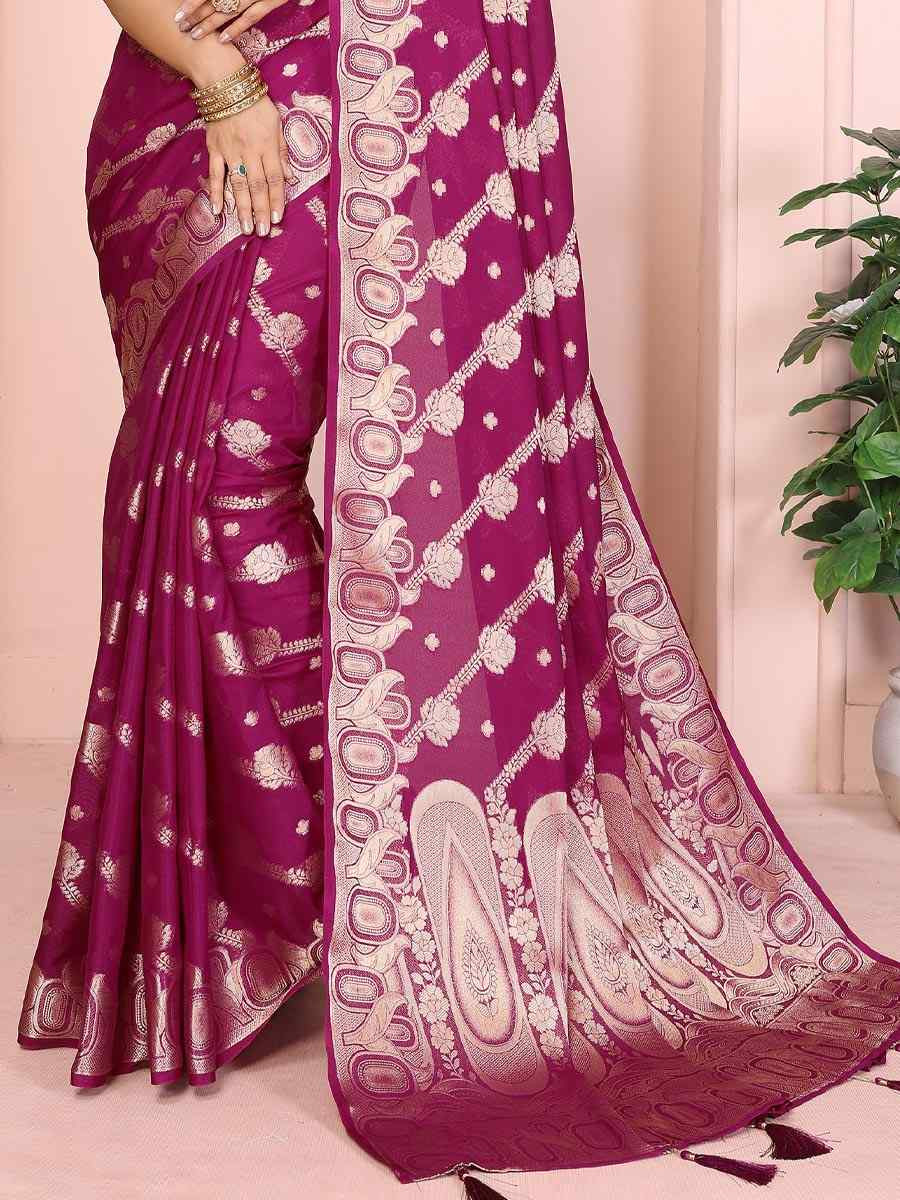 Wine Georgette Silk Handwoven Festival Wedding Fancy Heavy Border Saree