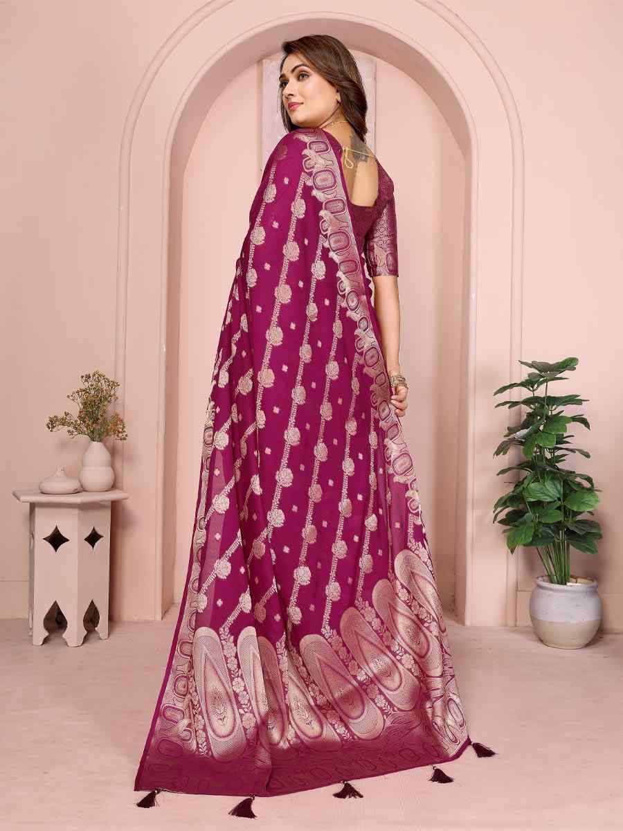 Wine Georgette Silk Handwoven Festival Wedding Fancy Heavy Border Saree