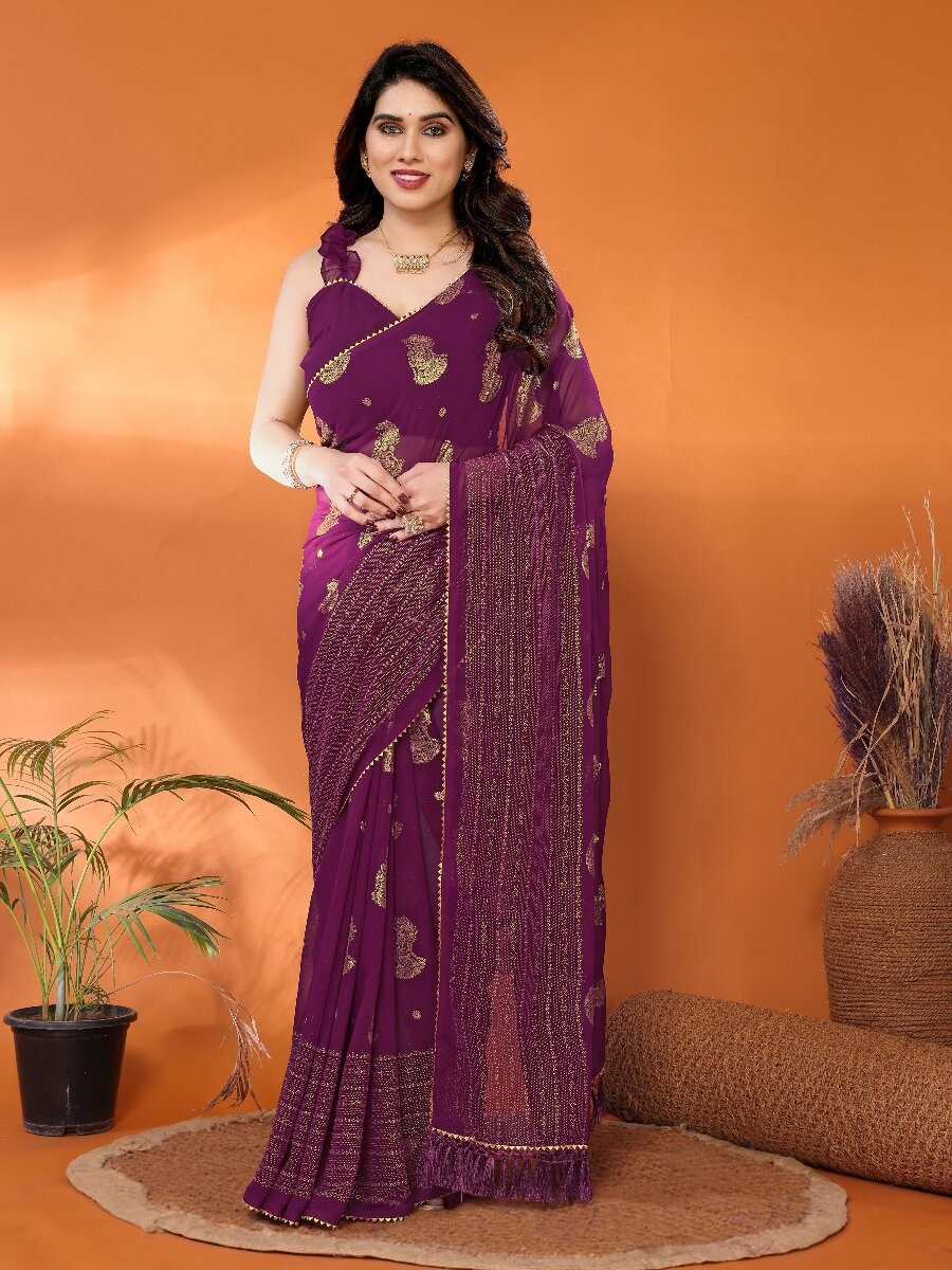 Wine Georgette Traditional Foil Work Zalar Lace Wedding Reception Party Festival Heavy Border Sarees