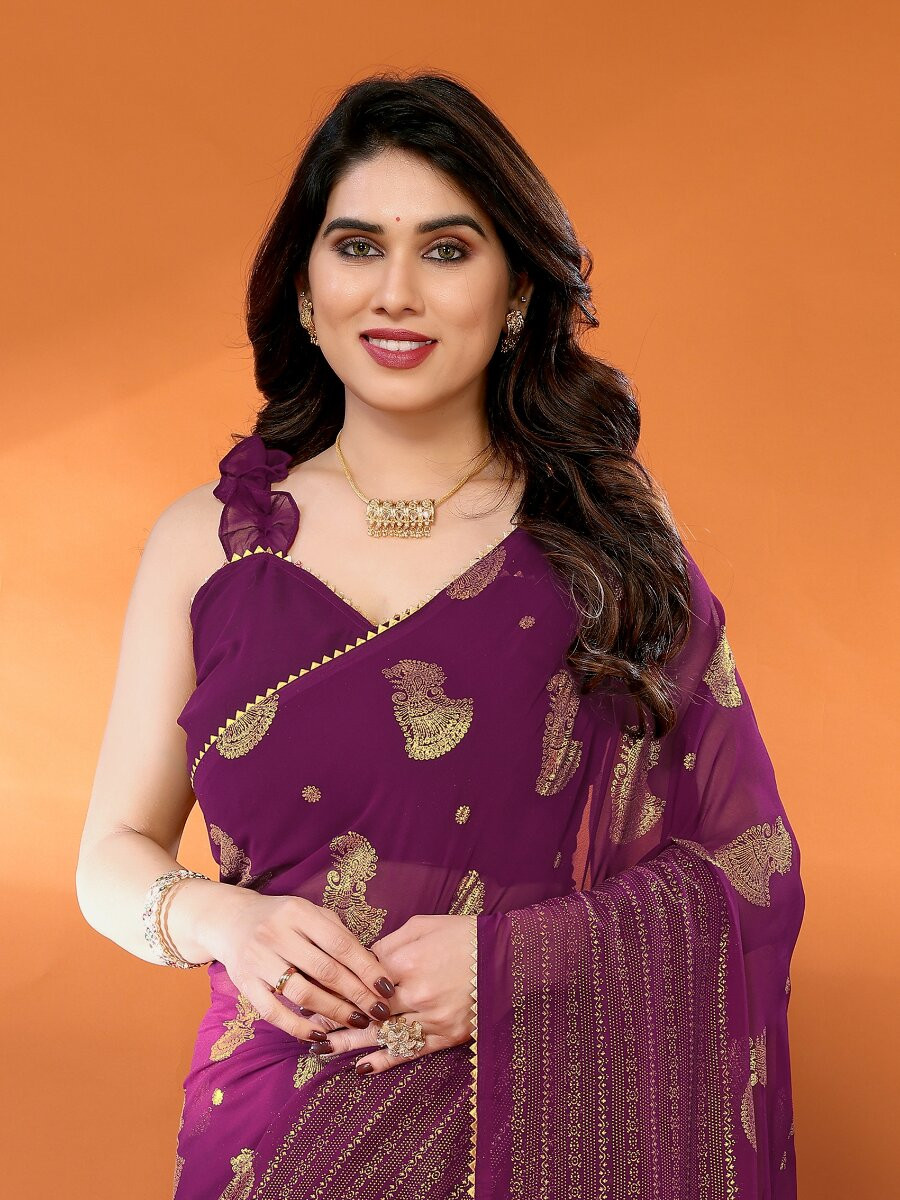 Wine Georgette Traditional Foil Work Zalar Lace Wedding Reception Party Festival Heavy Border Sarees
