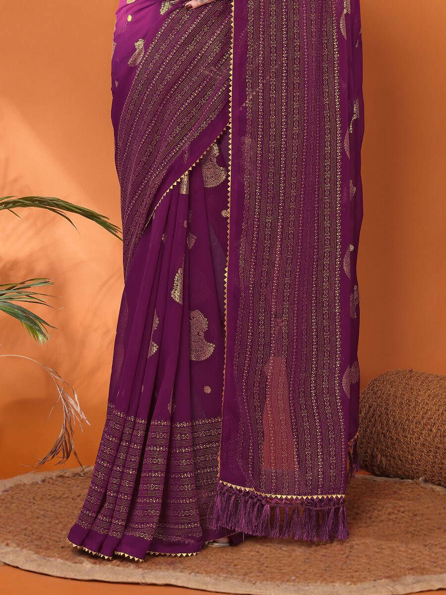 Wine Georgette Traditional Foil Work Zalar Lace Wedding Reception Party Festival Heavy Border Sarees