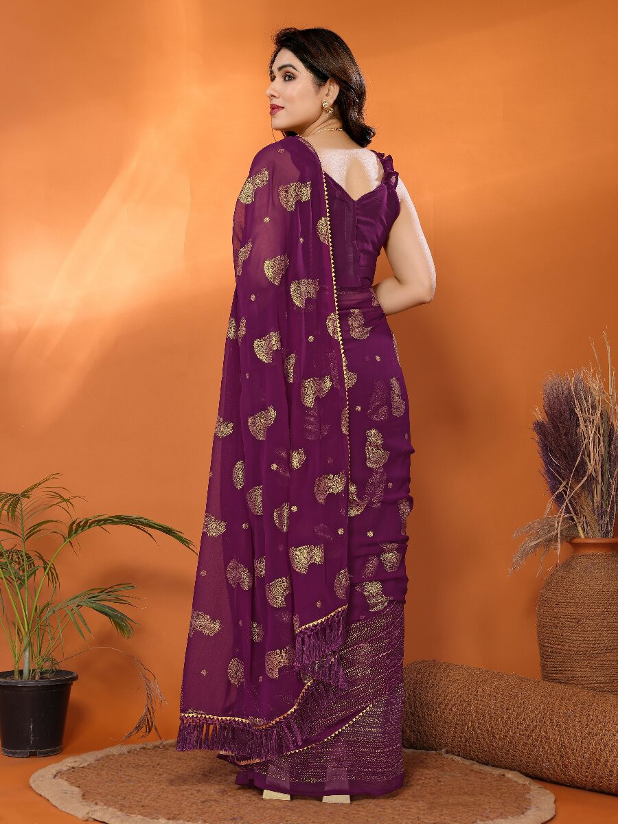 Wine Georgette Traditional Foil Work Zalar Lace Wedding Reception Party Festival Heavy Border Sarees