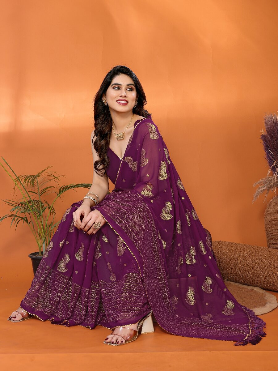 Wine Georgette Traditional Foil Work Zalar Lace Wedding Reception Party Festival Heavy Border Sarees