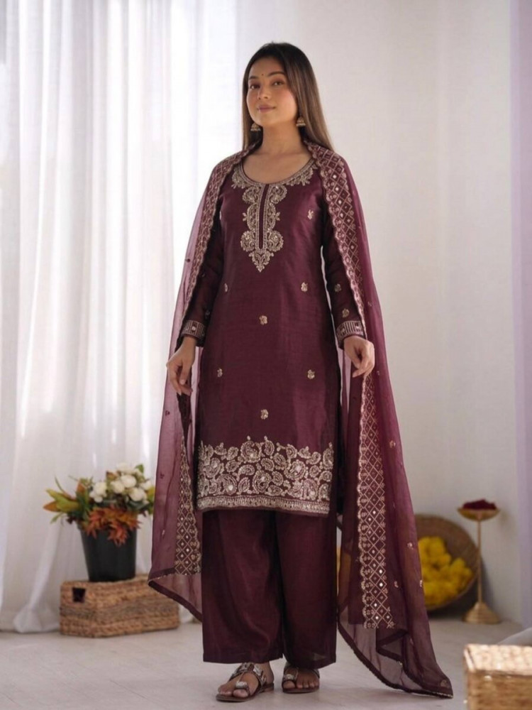 Image of Wine Gmy Choo Silk Embroidery Sequins Zari Wedding Party Festival Casual Palazzo Pant Salwar Kameez