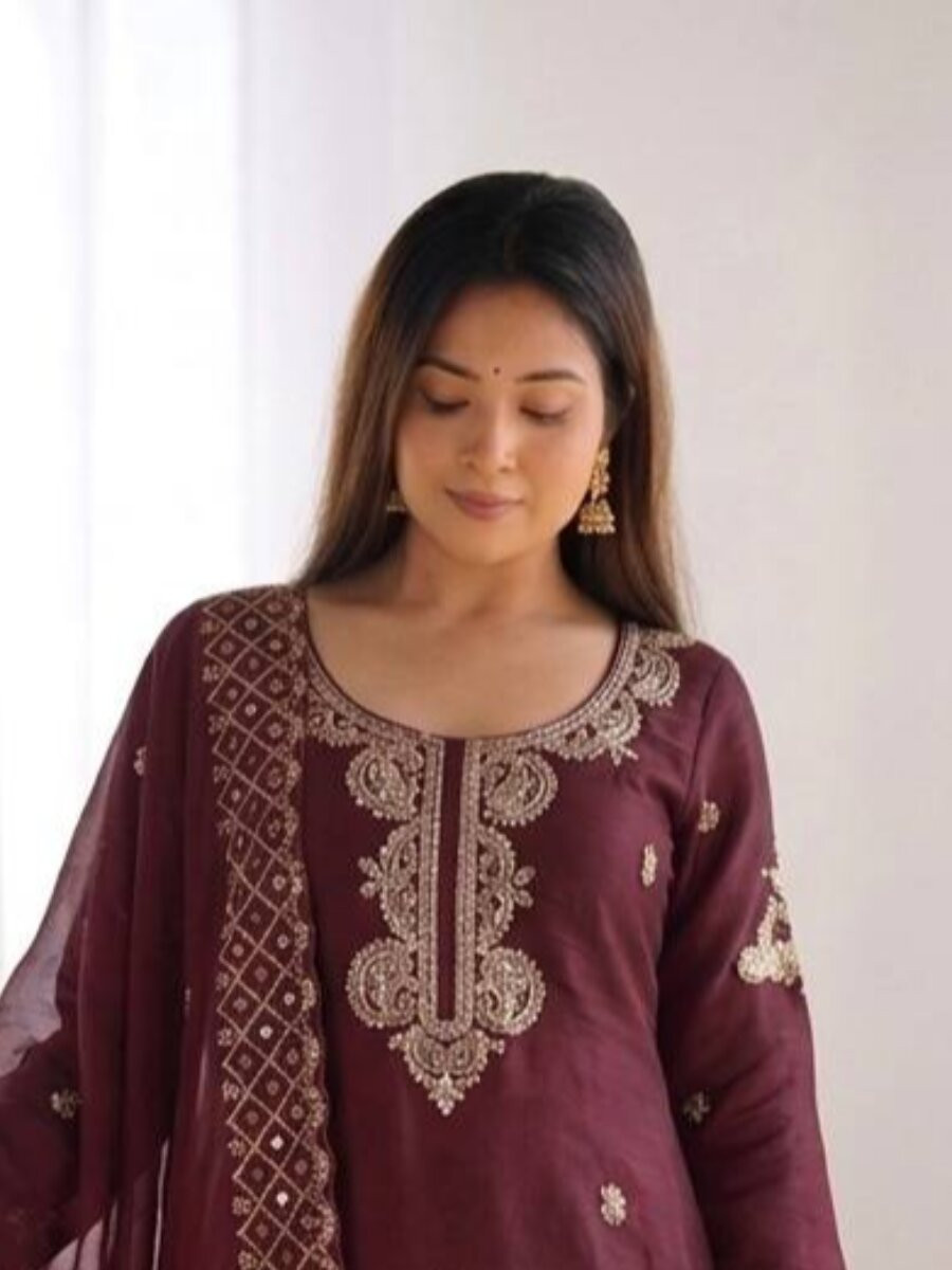 Wine Gmy Choo Silk Embroidery Sequins Zari Wedding Party Festival Casual Palazzo Pant Salwar Kameez