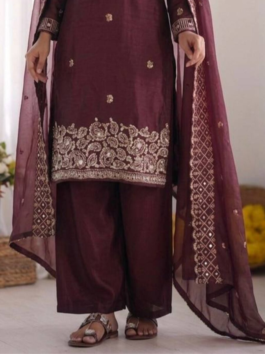 Wine Gmy Choo Silk Embroidery Sequins Zari Wedding Party Festival Casual Palazzo Pant Salwar Kameez