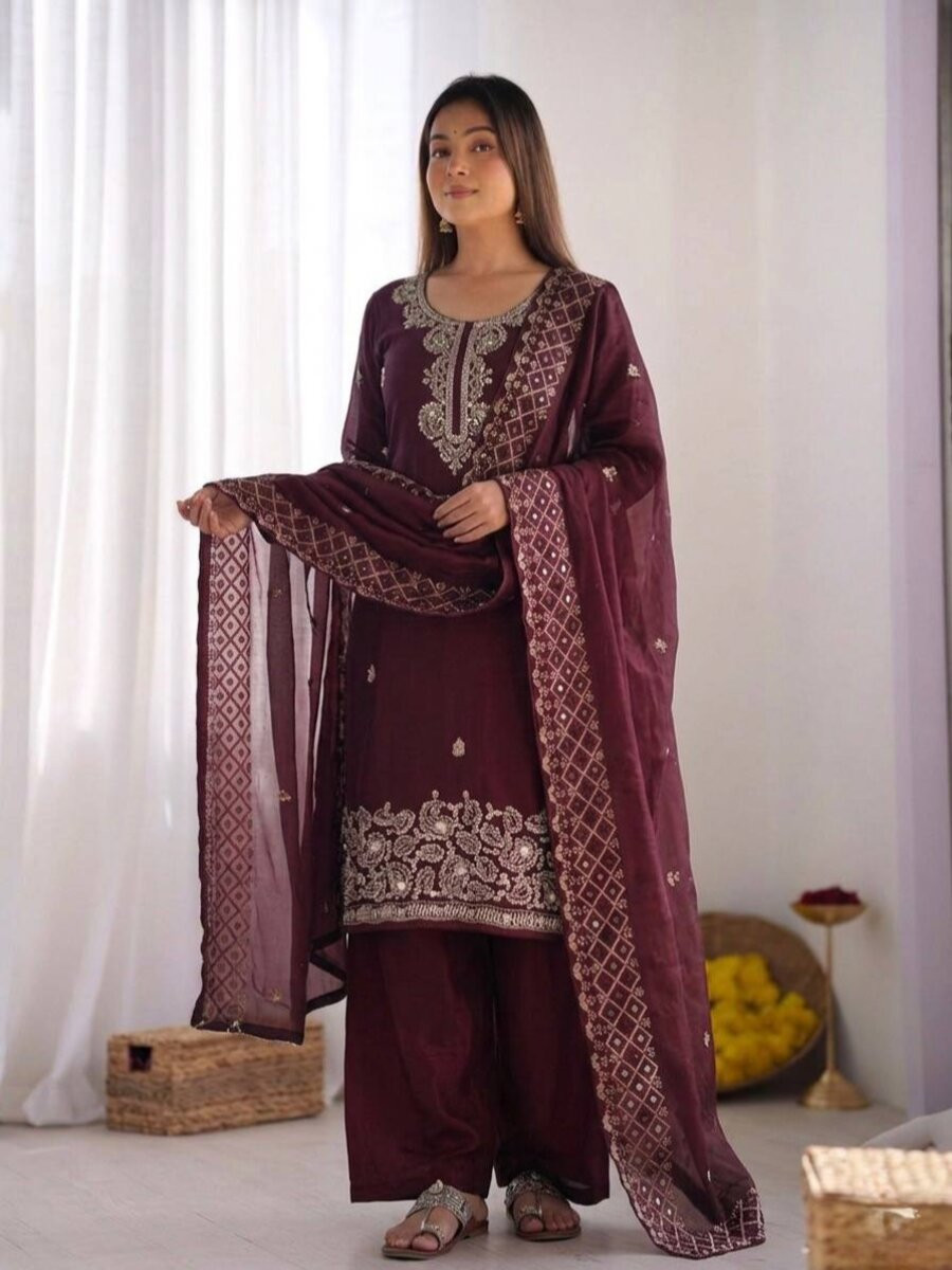 Wine Gmy Choo Silk Embroidery Sequins Zari Wedding Party Festival Casual Palazzo Pant Salwar Kameez