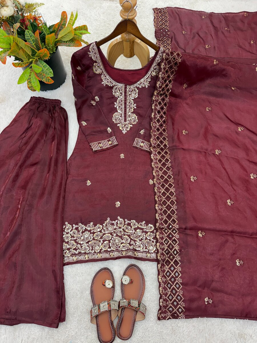 Wine Gmy Choo Silk Embroidery Sequins Zari Wedding Party Festival Casual Palazzo Pant Salwar Kameez