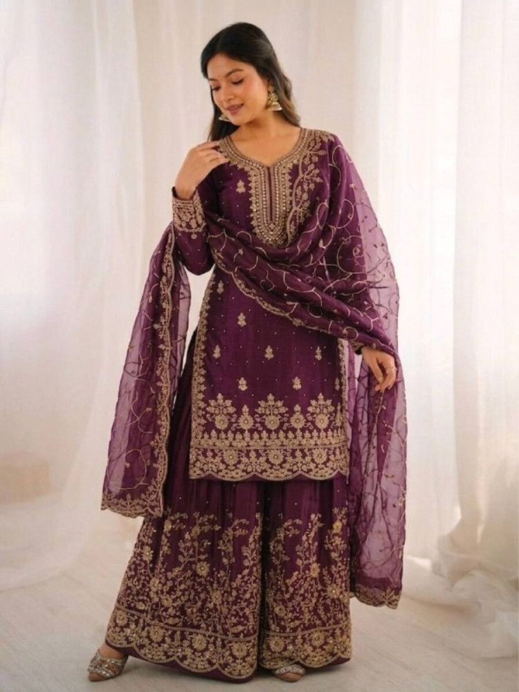 Image of Wine GMY Silk Embroidery Sequins Wedding Party Festival Casual Ready Palazzo Pant Salwar Kameez