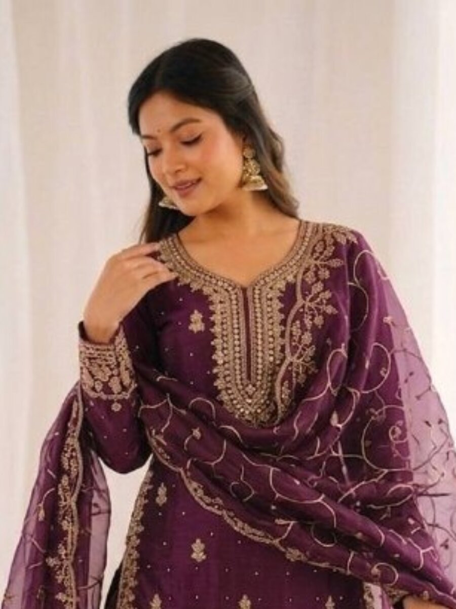 Wine GMY Silk Embroidery Sequins Wedding Party Festival Casual Ready Palazzo Pant Salwar Kameez