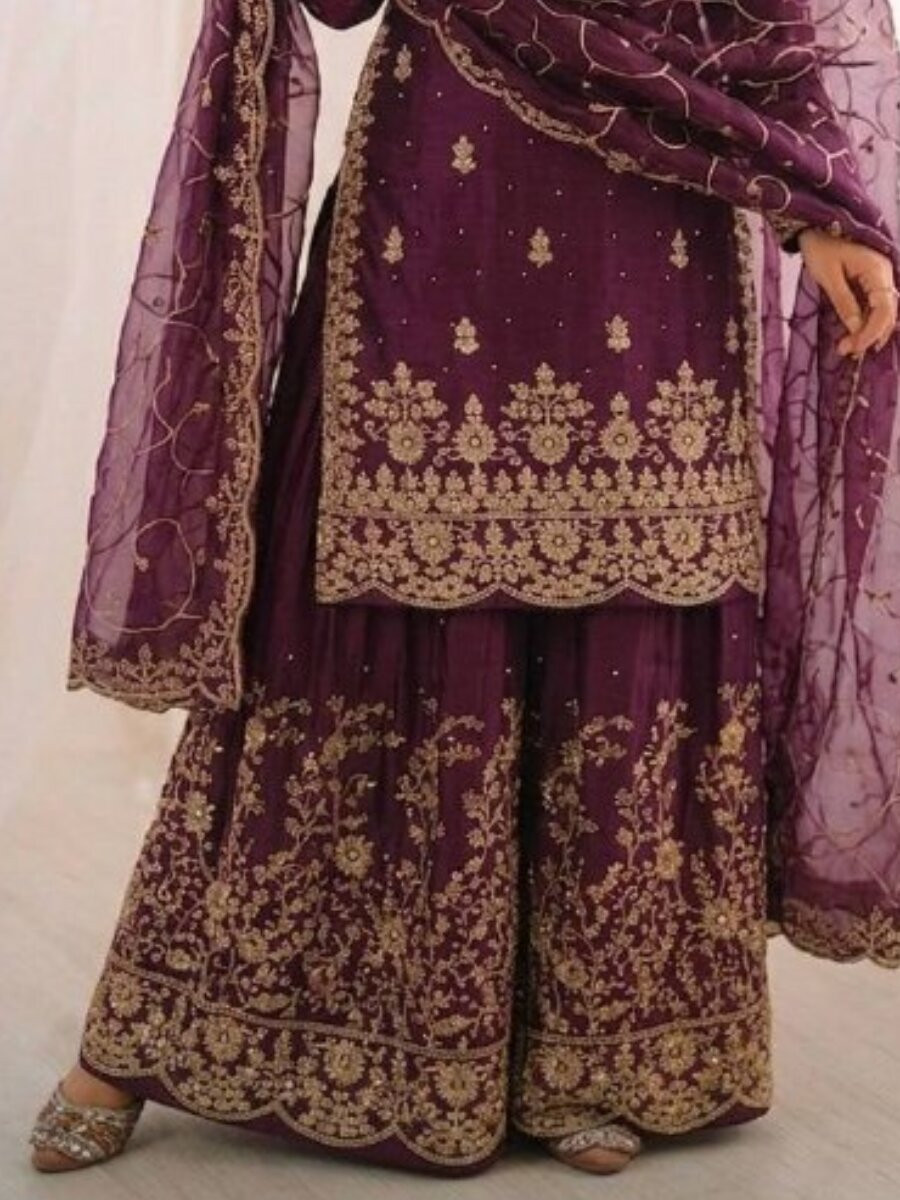 Wine GMY Silk Embroidery Sequins Wedding Party Festival Casual Ready Palazzo Pant Salwar Kameez