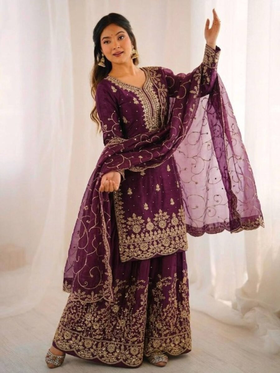Wine GMY Silk Embroidery Sequins Wedding Party Festival Casual Ready Palazzo Pant Salwar Kameez