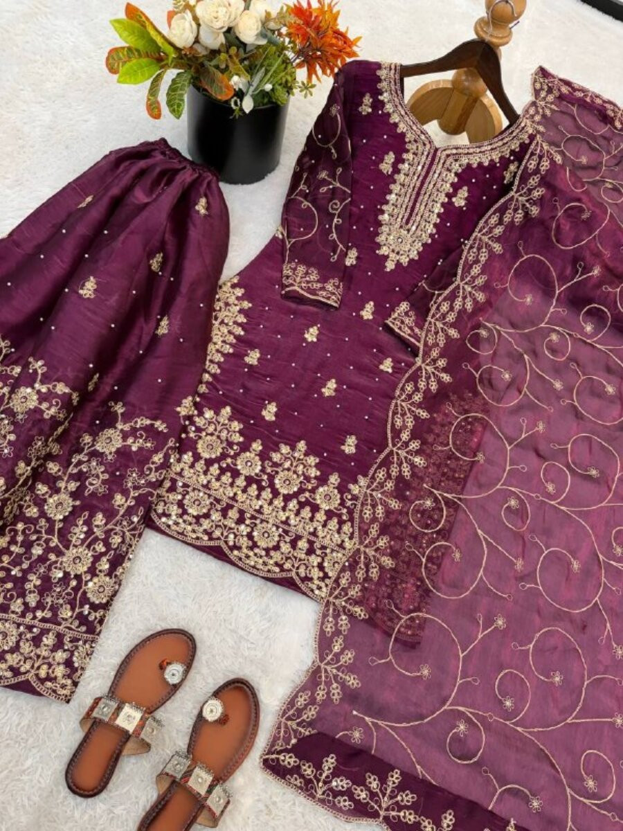 Wine GMY Silk Embroidery Sequins Wedding Party Festival Casual Ready Palazzo Pant Salwar Kameez