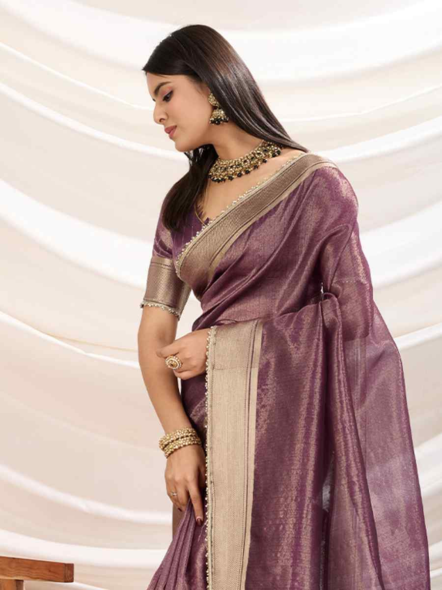 Wine Gold Infused Tissue Linen Handwoven Festival Wedding Fancy Heavy Border Saree