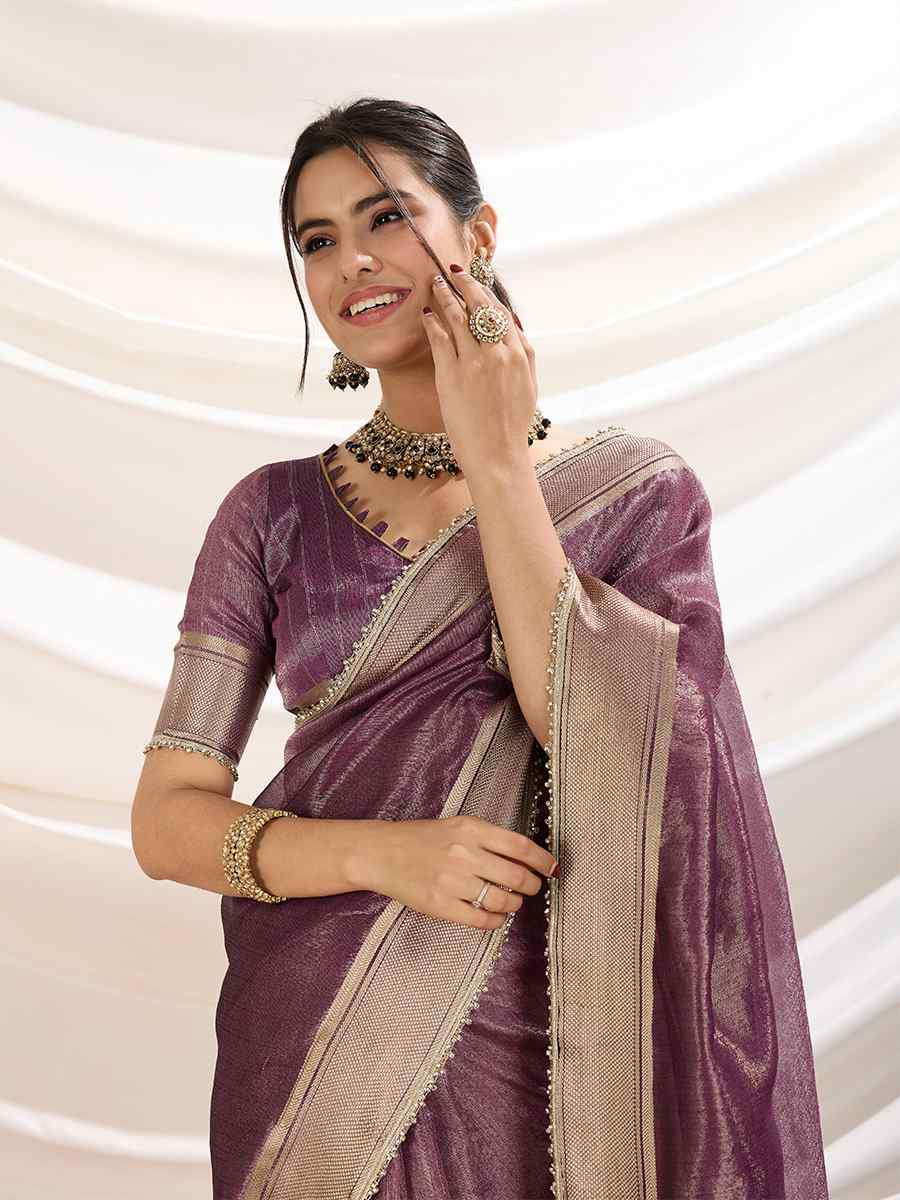 Wine Gold Infused Tissue Linen Handwoven Festival Wedding Fancy Heavy Border Saree