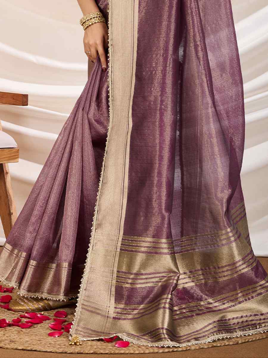 Wine Gold Infused Tissue Linen Handwoven Festival Wedding Fancy Heavy Border Saree