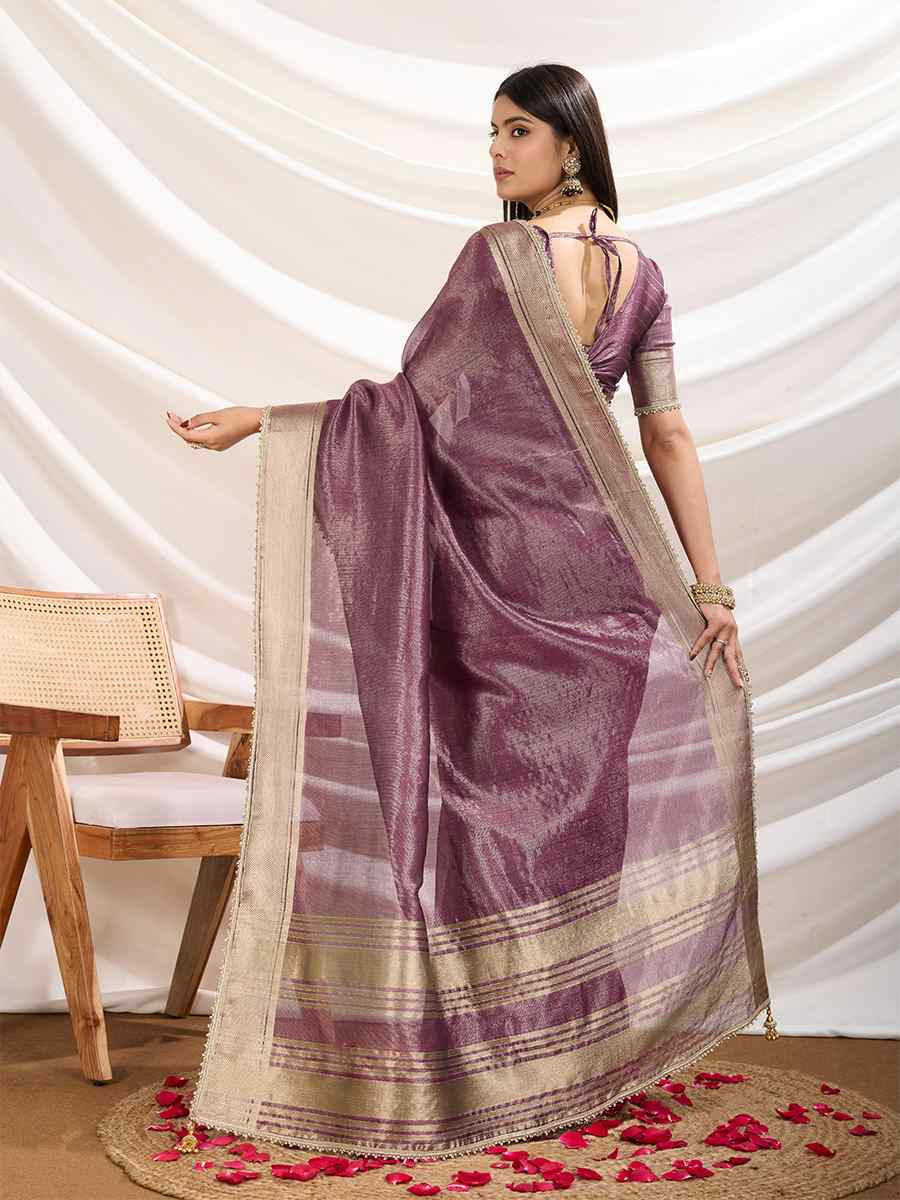 Wine Gold Infused Tissue Linen Handwoven Festival Wedding Fancy Heavy Border Saree