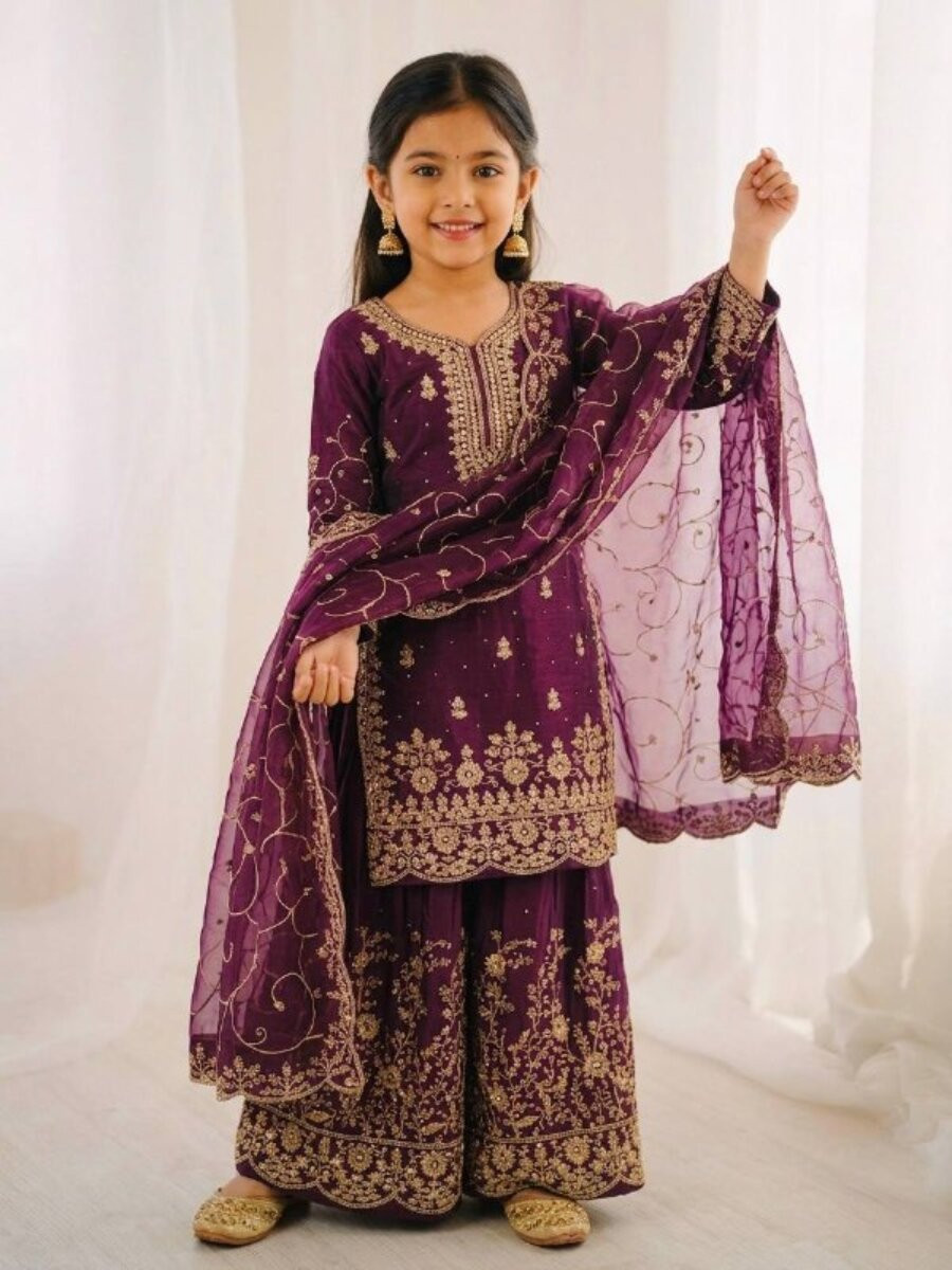 Wine Green GMY Silk Embroidered Sequins Ethnic Casual Festival Party Wedding Ready Kurta Sharara Girls Wear