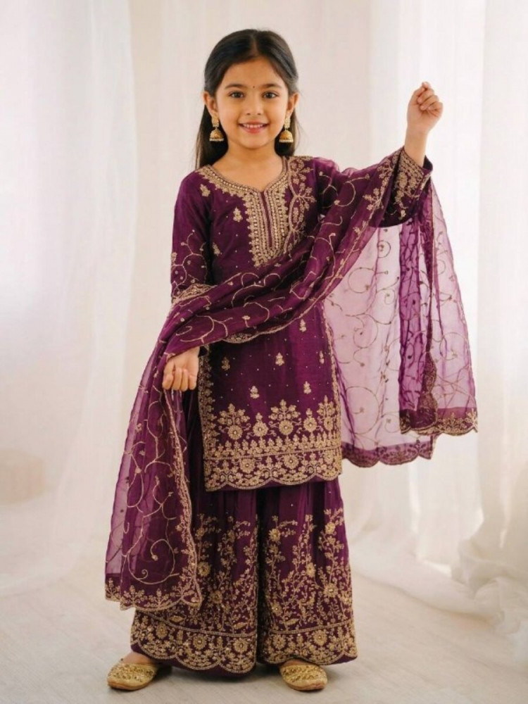 Image of Wine Green GMY Silk Embroidered Sequins Ethnic Casual Festival Party Wedding Ready Kurta Sharara Girls Wear