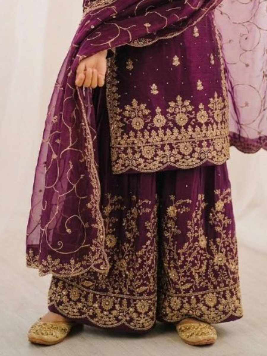Wine Green GMY Silk Embroidered Sequins Ethnic Casual Festival Party Wedding Ready Kurta Sharara Girls Wear