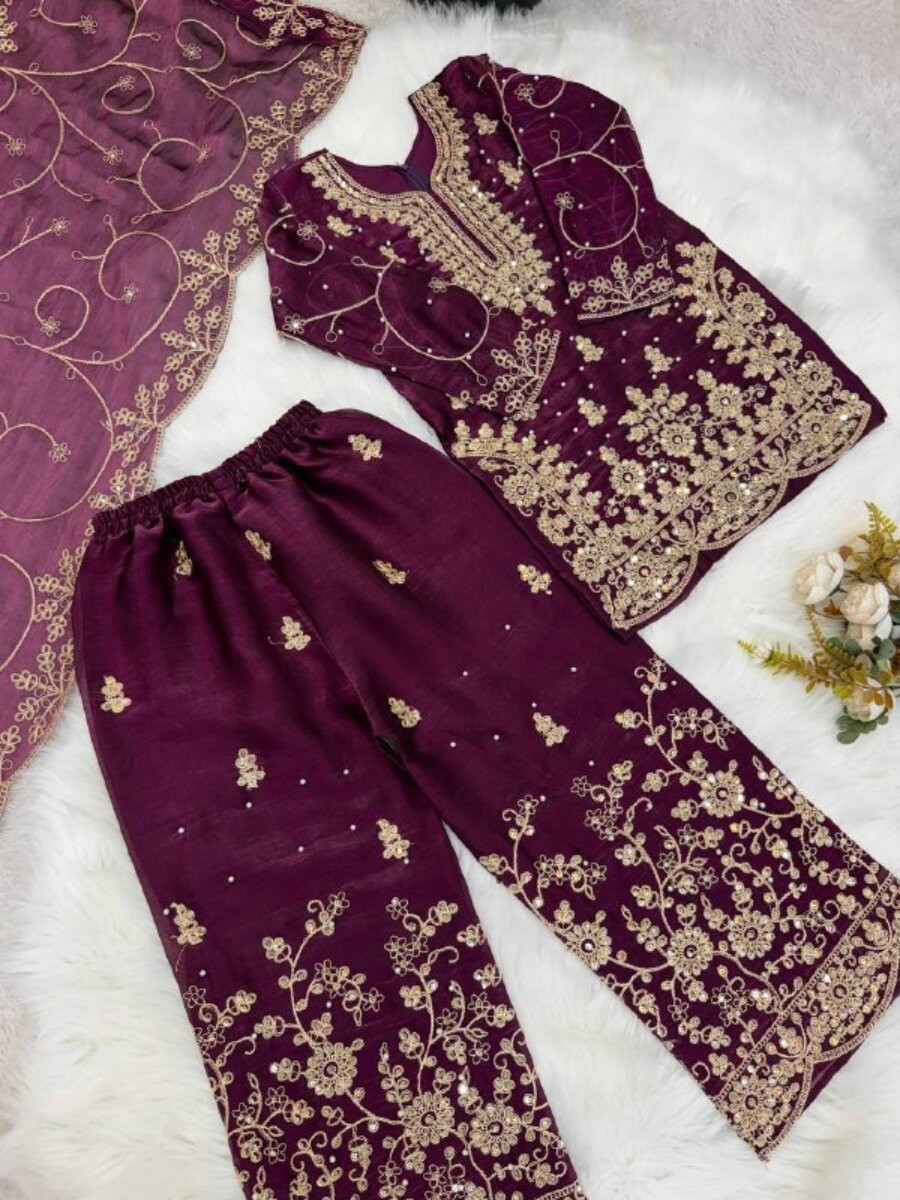 Wine Green GMY Silk Embroidered Sequins Ethnic Casual Festival Party Wedding Ready Kurta Sharara Girls Wear