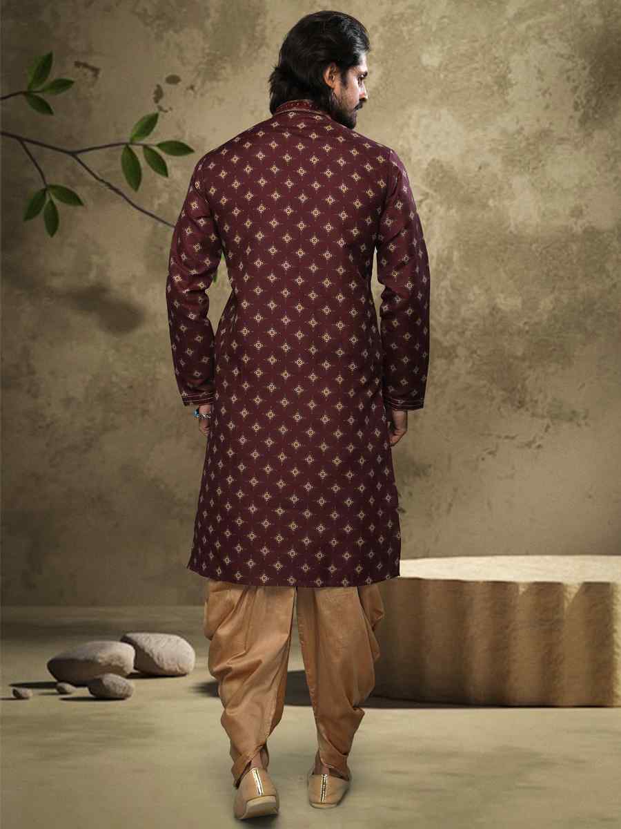 Wine Hand Loomed In Rich Yarns Of Cotton Printed Festival Party Kurta