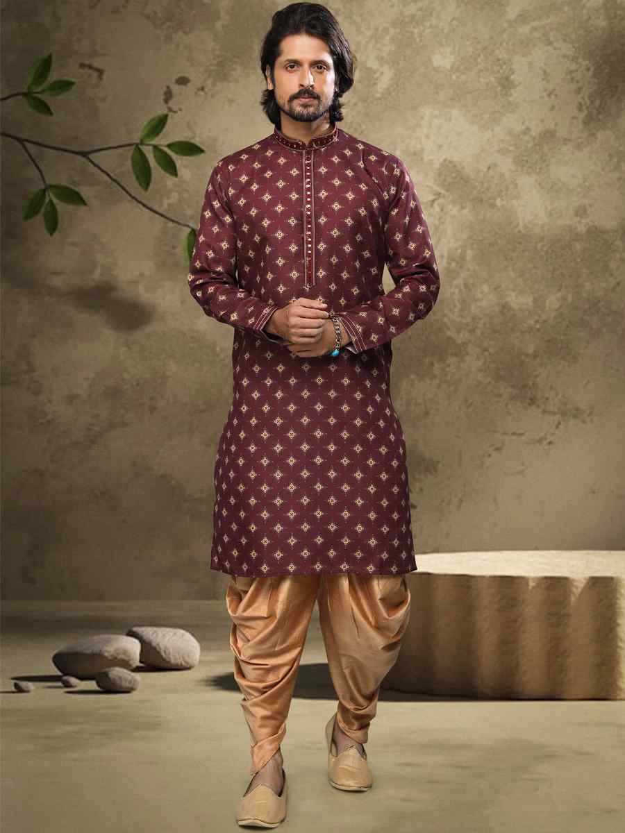 Wine Hand Loomed In Rich Yarns Of Cotton Printed Festival Party Kurta