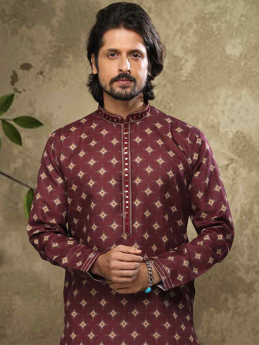 Wine Hand Loomed In Rich Yarns Of Cotton Printed Festival Party Kurta