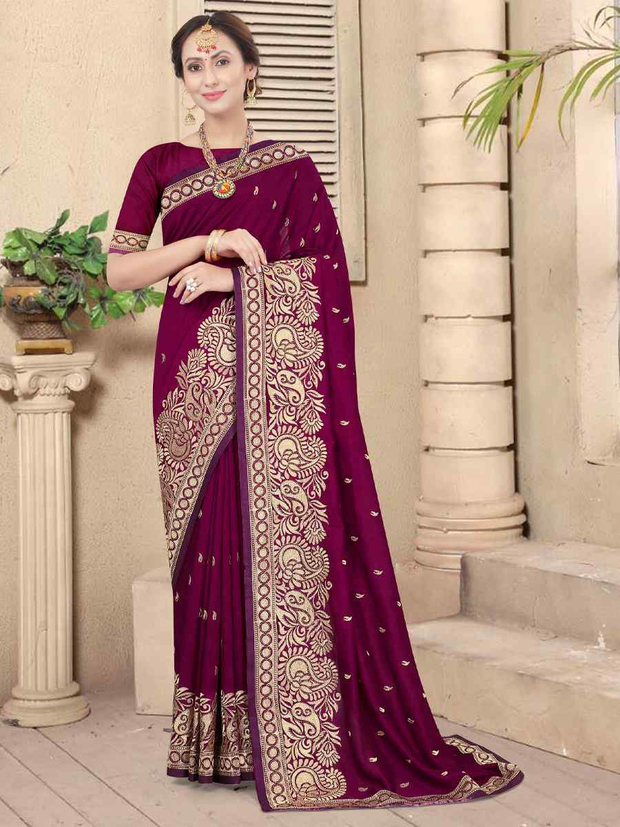 Wine Handwoven Party Bridal Reception Festival Wedding Fancy Heavy Border Saree