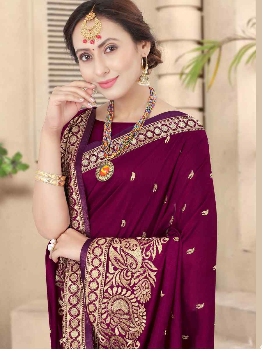Wine Handwoven Party Bridal Reception Festival Wedding Fancy Heavy Border Saree