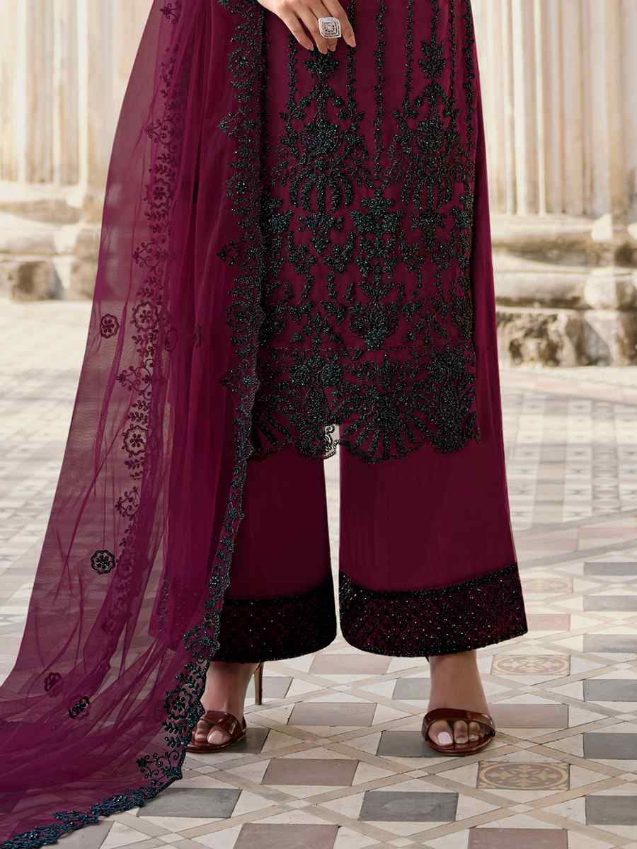 Wine Heavy Butterfly Net Embroidered Wedding Festival Palazzo Pant Salwar Kameez