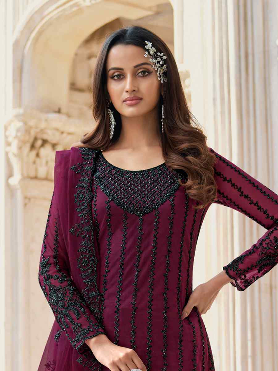Wine Heavy Butterfly Net Embroidered Wedding Festival Palazzo Pant Salwar Kameez