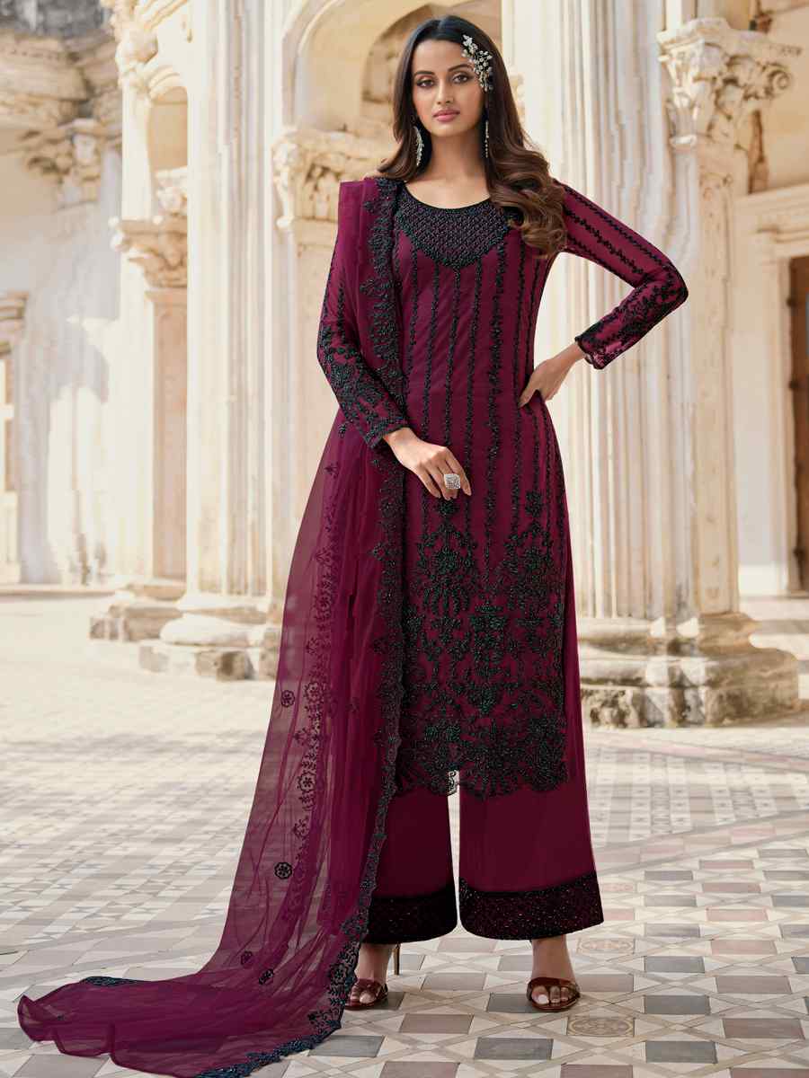 Wine Heavy Butterfly Net Embroidered Wedding Festival Palazzo Pant Salwar Kameez