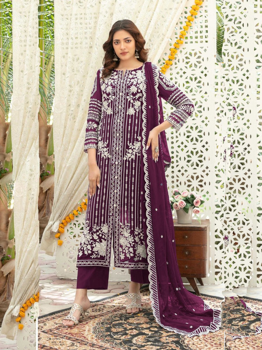 Wine Heavy Chiffon Embroidery Wedding Party Festival Casual Palazzo Pant Salwar Kameez