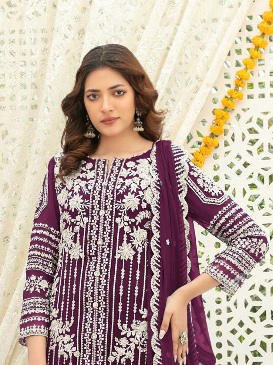 Wine Heavy Chiffon Embroidery Wedding Party Festival Casual Palazzo Pant Salwar Kameez