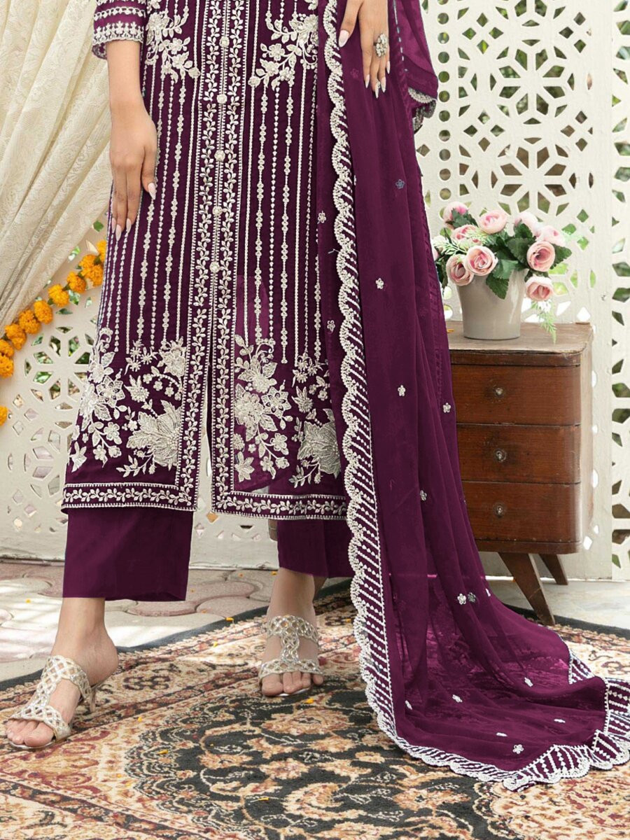 Wine Heavy Chiffon Embroidery Wedding Party Festival Casual Palazzo Pant Salwar Kameez