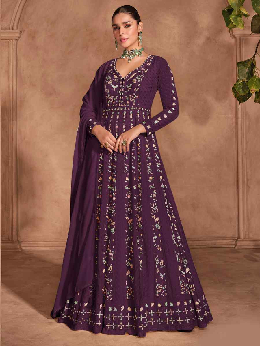 Wine Heavy Chinon Embroidered Festival Casual Anarkali Salwar Kameez
