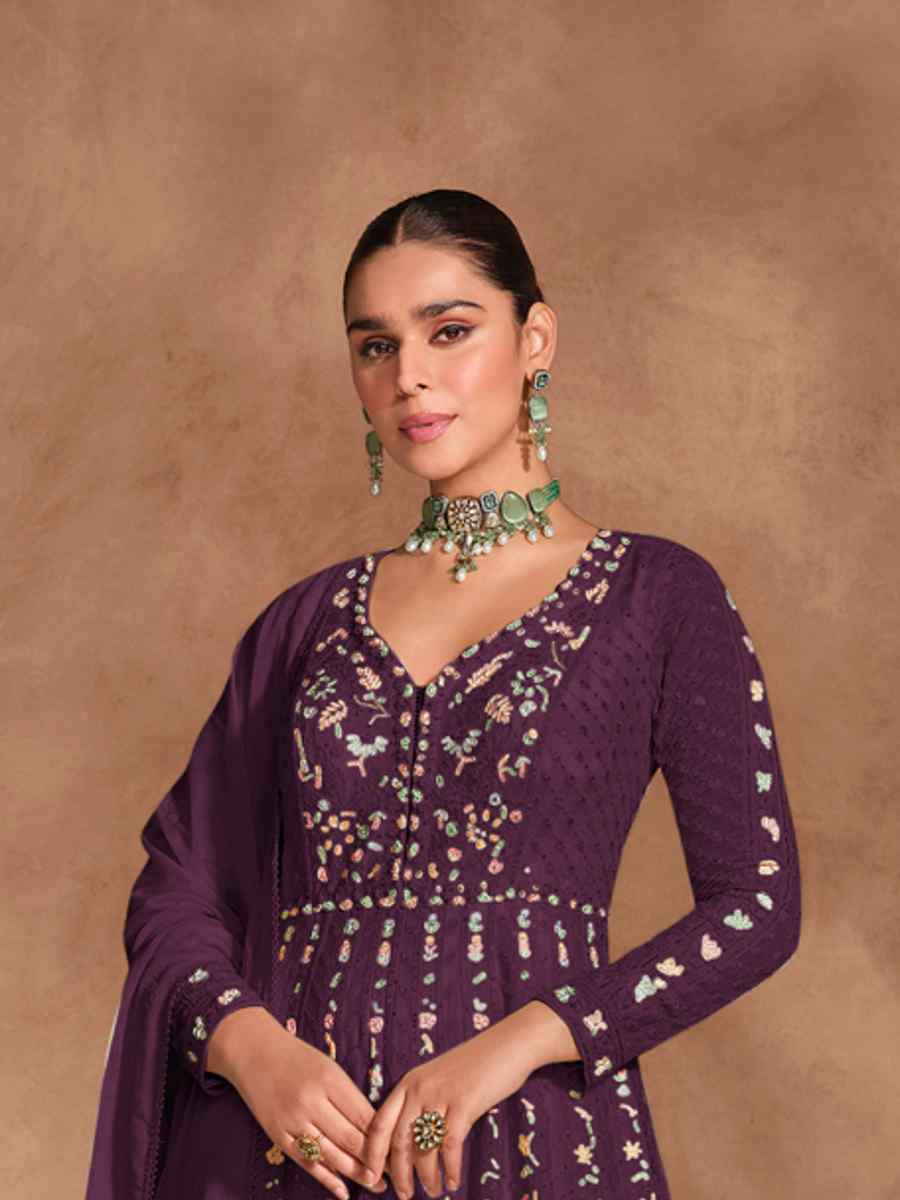 Wine Heavy Chinon Embroidered Festival Casual Anarkali Salwar Kameez