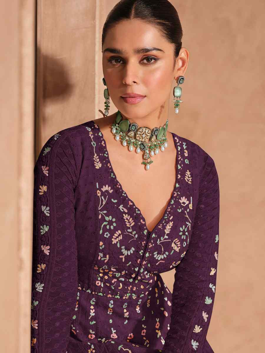 Wine Heavy Chinon Embroidered Festival Casual Anarkali Salwar Kameez