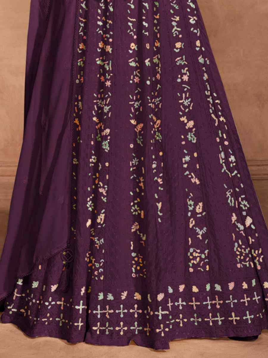 Wine Heavy Chinon Embroidered Festival Casual Anarkali Salwar Kameez