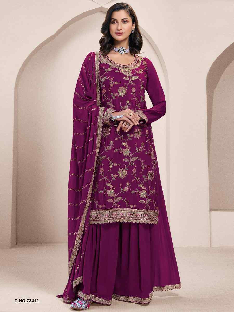 Wine Heavy Chinon Embroidered Festival Casual Sharara Pant Salwar Kameez