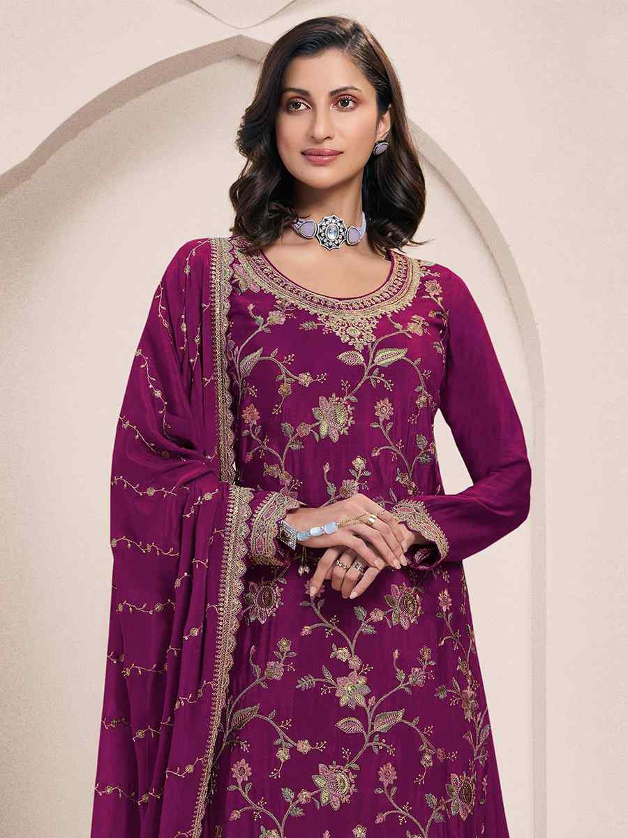 Wine Heavy Chinon Embroidered Festival Casual Sharara Pant Salwar Kameez