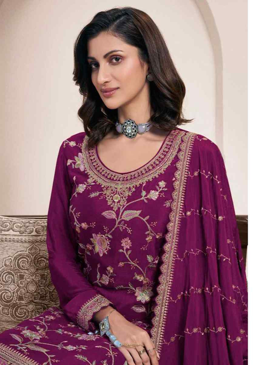 Wine Heavy Chinon Embroidered Festival Casual Sharara Pant Salwar Kameez