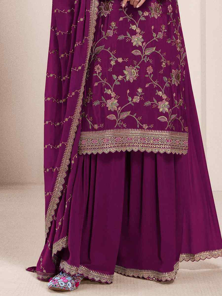Wine Heavy Chinon Embroidered Festival Casual Sharara Pant Salwar Kameez