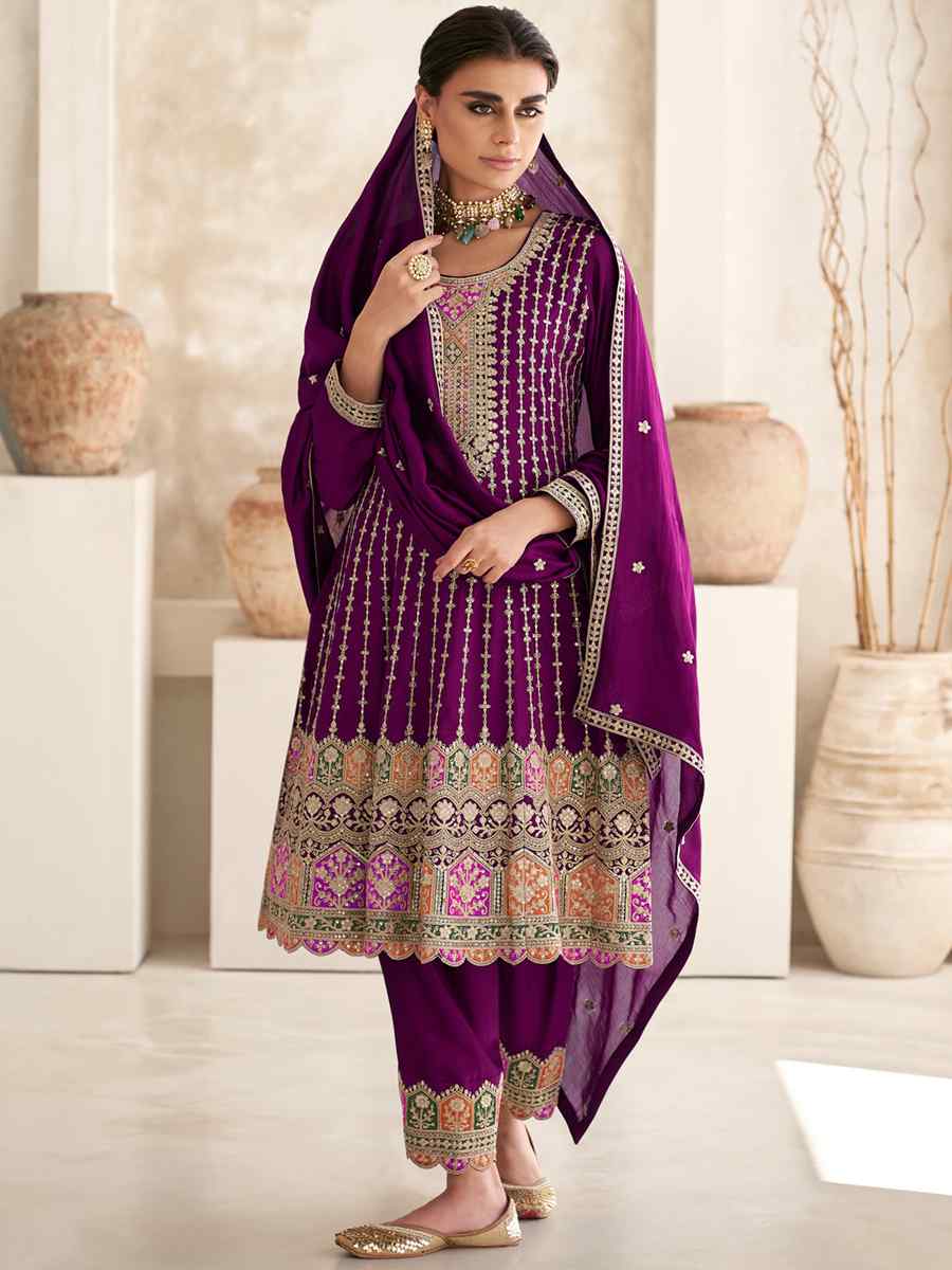 Wine Heavy Chinon Embroidered Festival Wedding Patiala Salwar Kameez