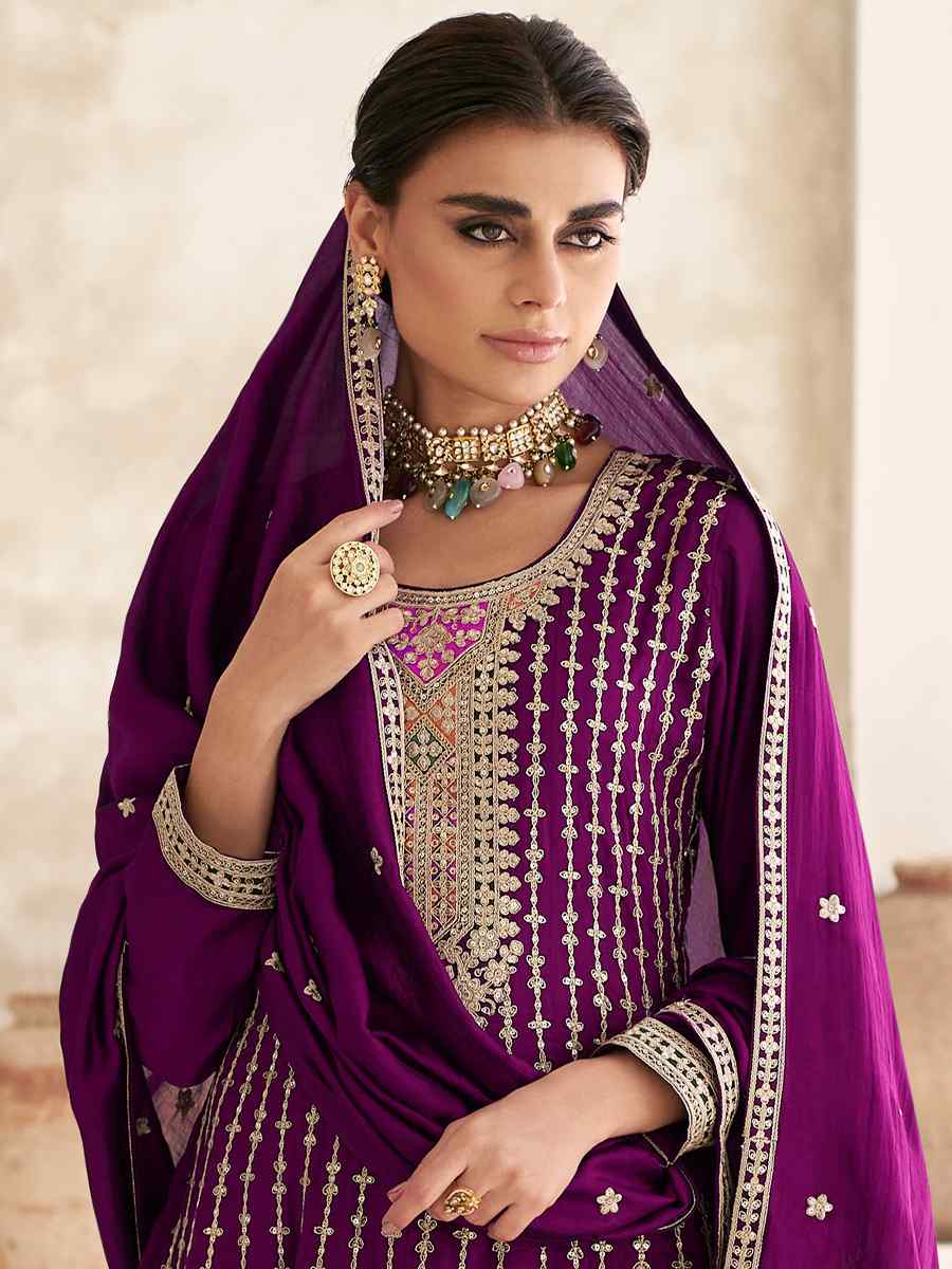 Wine Heavy Chinon Embroidered Festival Wedding Patiala Salwar Kameez