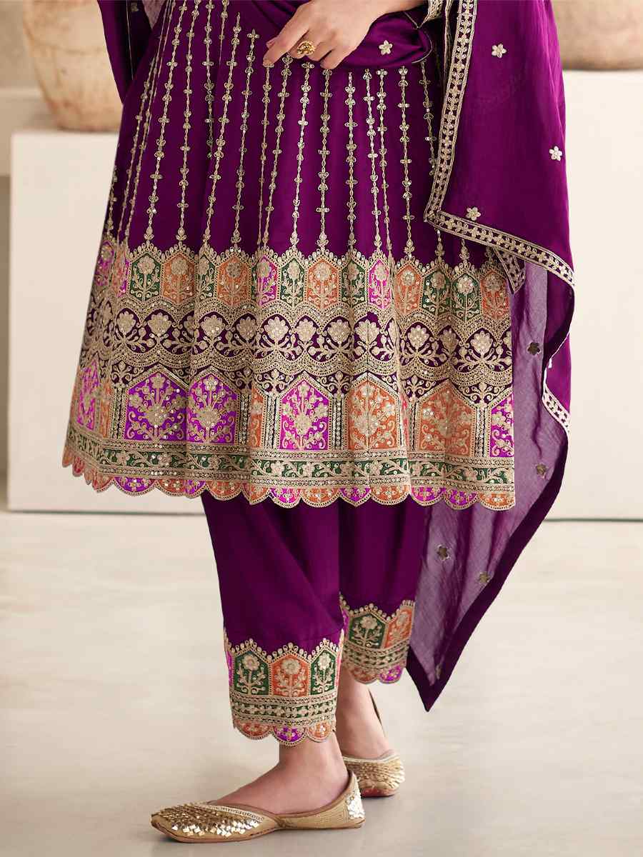 Wine Heavy Chinon Embroidered Festival Wedding Patiala Salwar Kameez