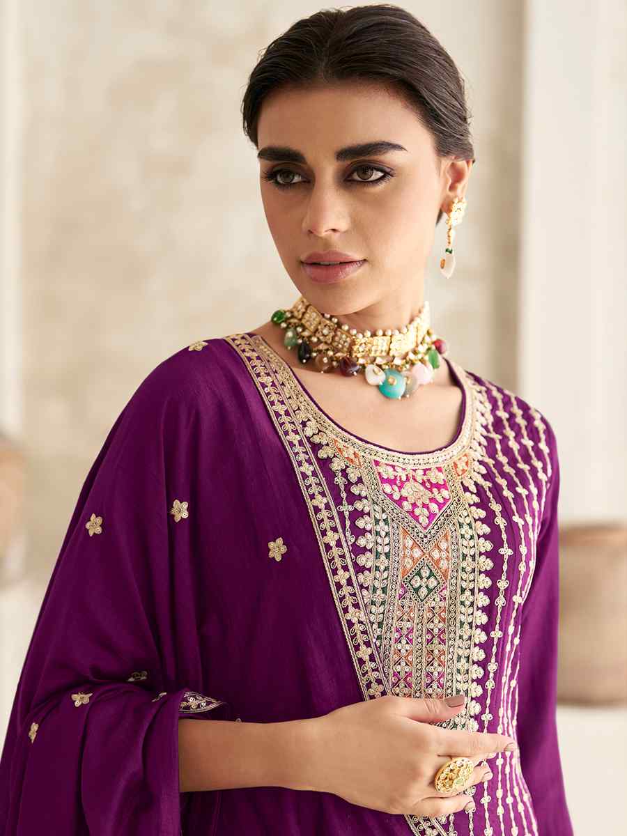 Wine Heavy Chinon Embroidered Festival Wedding Patiala Salwar Kameez