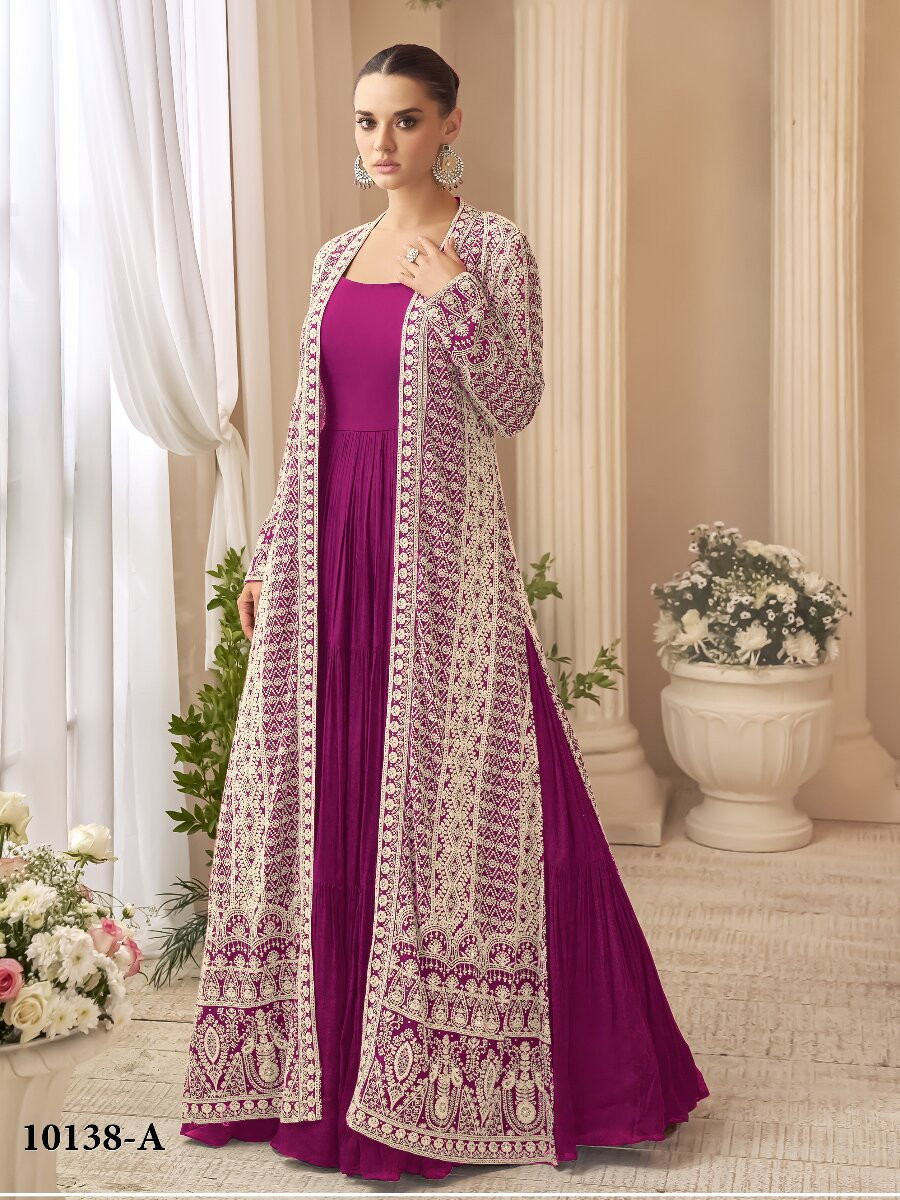 Wine Heavy Chinon Embroidered Wedding Party Festival Ready Gown Shrug Women Wear